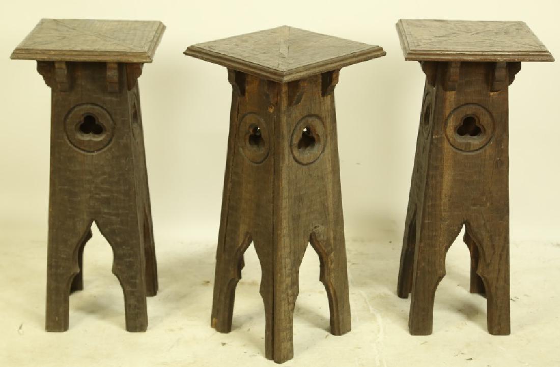 SET OF THREE GOTHIC STYLE OAK STOOLS (1 of 3)