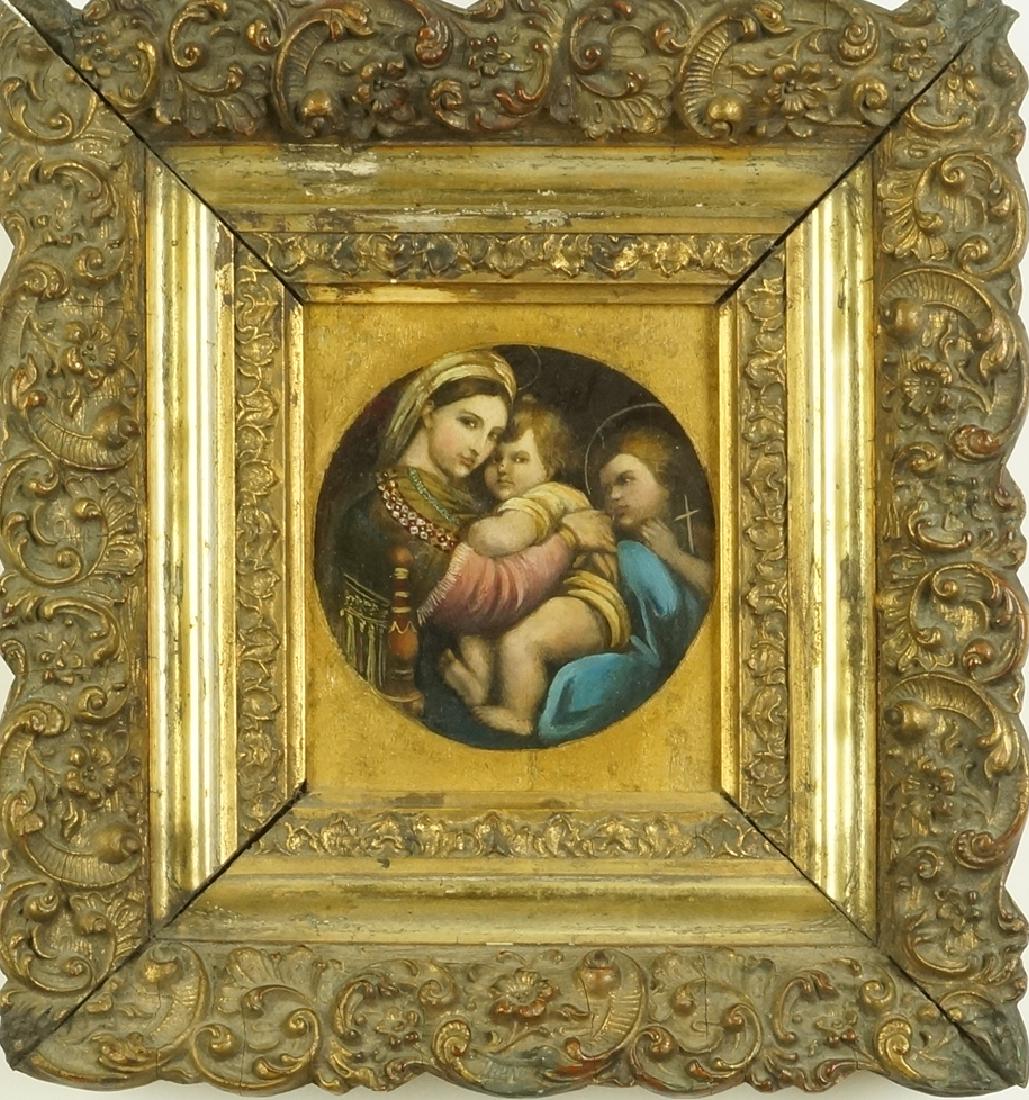 AFTER RAPHAEL 18th C. "MADONNA AND CHILD" OIL PAINTING: AFTER RAPHAEL 18th CENTURY "MADONNA AND CHILD" OIL OVER PAPER REDUCED COPY PAINTING. 9 & 4" H X 8.5 & 3"W.