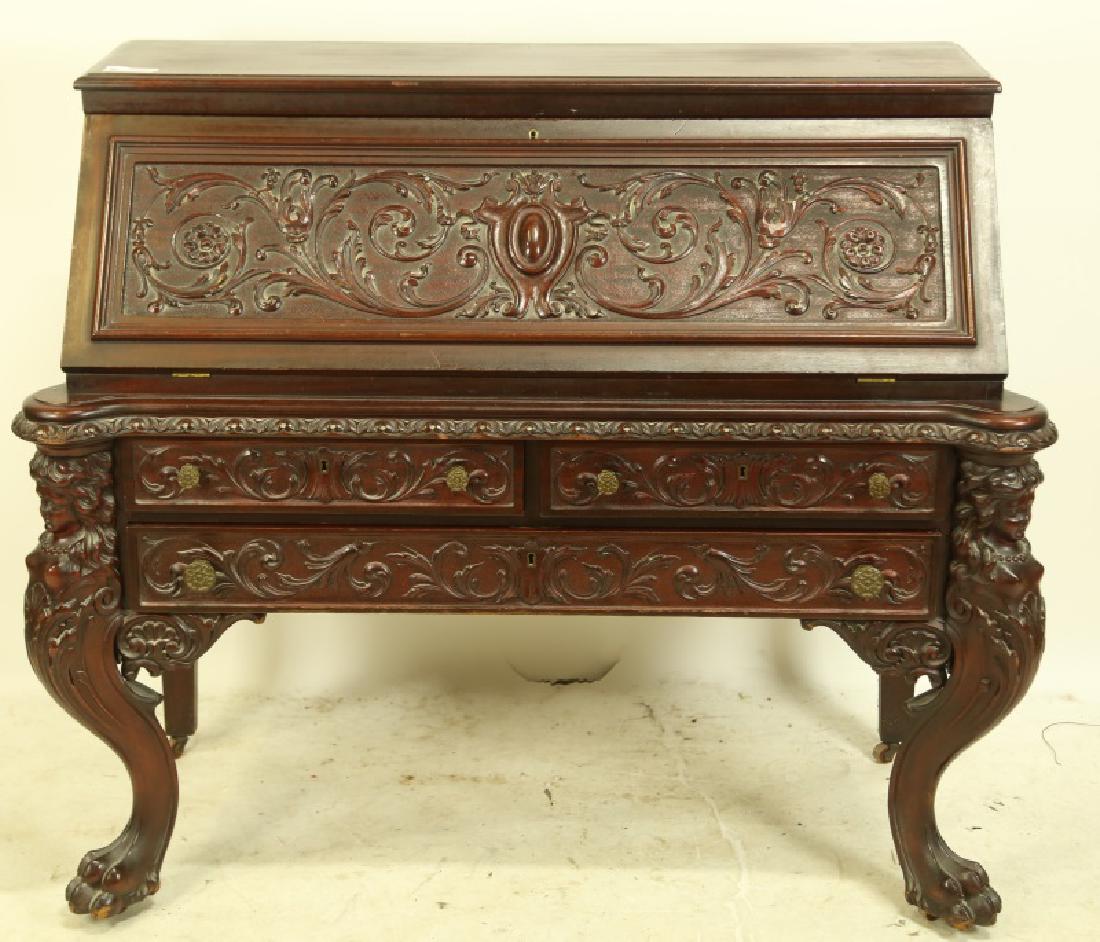 19th CENTURY RENAISSANCE REVIVAL SLANT FRONT DESK: 19th CENTURY RENAISSANCE REVIVAL SLANT FRONT DESK. Height: 42 in. by Width: 45 in. by Depth: 22 in.