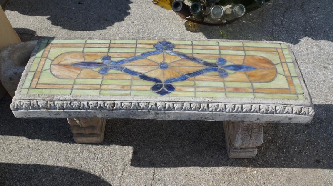 PAIR OF CASTILLION COLORED GLASS TILE TOP BENCHES: PAIR OF CASTILLION COLORED GLASS TILE TOP BENCHES. Height: 19 in. by Width: 45 in. by Depth: 16 in.