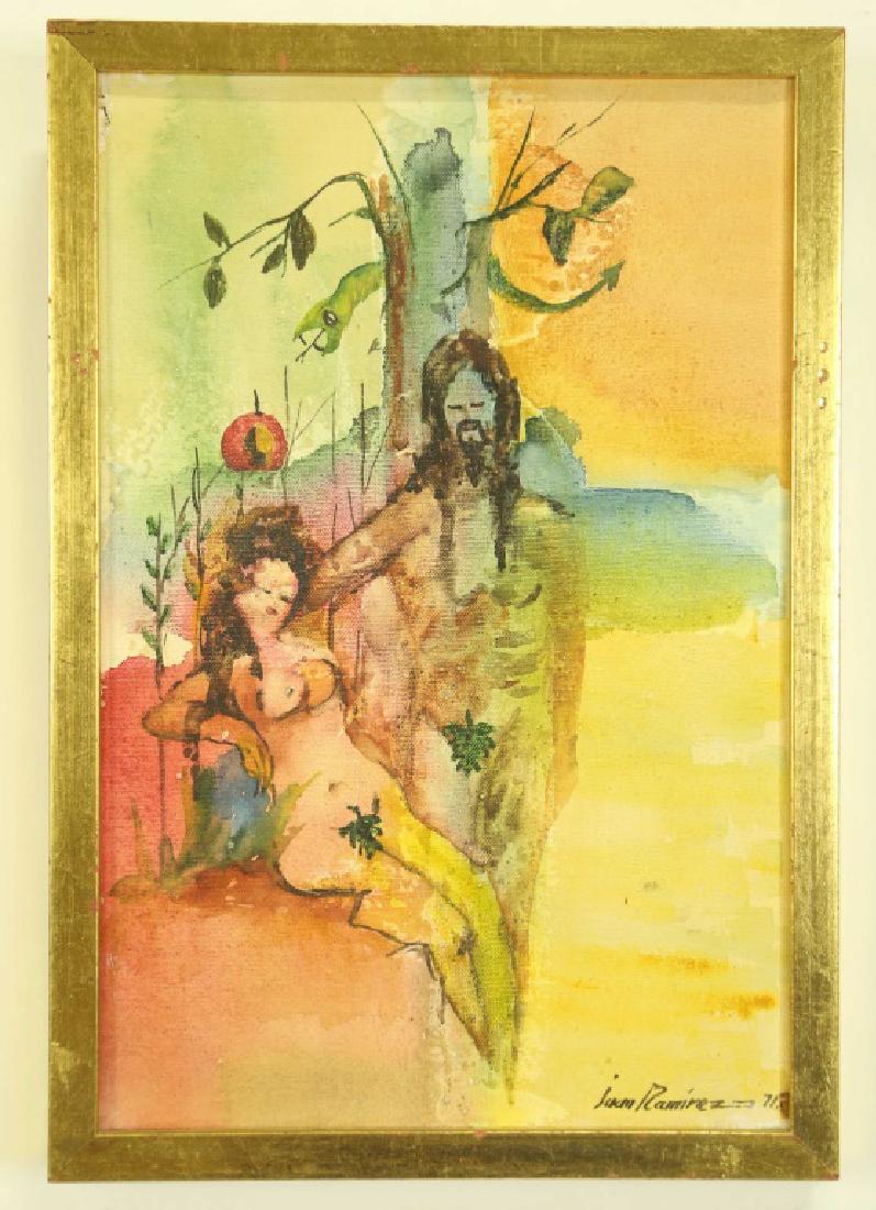 JUAN RAMIREZ "ADAN & EVE" WATERCOLOR PAINTING, 1971: JUAN RAMIREZ "ADAN & EVE" WATERCOLOR ON PAPER PAINTING, 1971. ONE OF A PAIR LOT #56. Height: 13 in. by Width: 9 in.