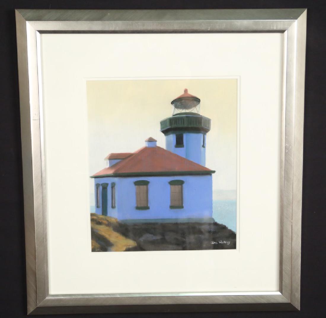 JOHN WORTHEY "LIGHT HOUSE" PASTEL PAINTING: JOHN WORTHEY "LIGHT HOUSE" PASTEL PAINTING. Height: 21 & 11 in. by Width: 19 & 10 in.