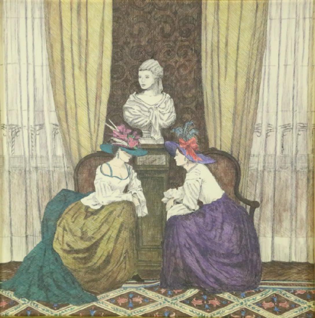 MICHAEL HARGROVE "TWO LADIES IN WAITING' W. C./INK: MICHAEL HARGROVE "TWO LADIES IN WAITING' WATERCOLOR AND INK DRAWING. Height: 20 & 10 1/2 in. by Width: 20 & 10 1/2 in.