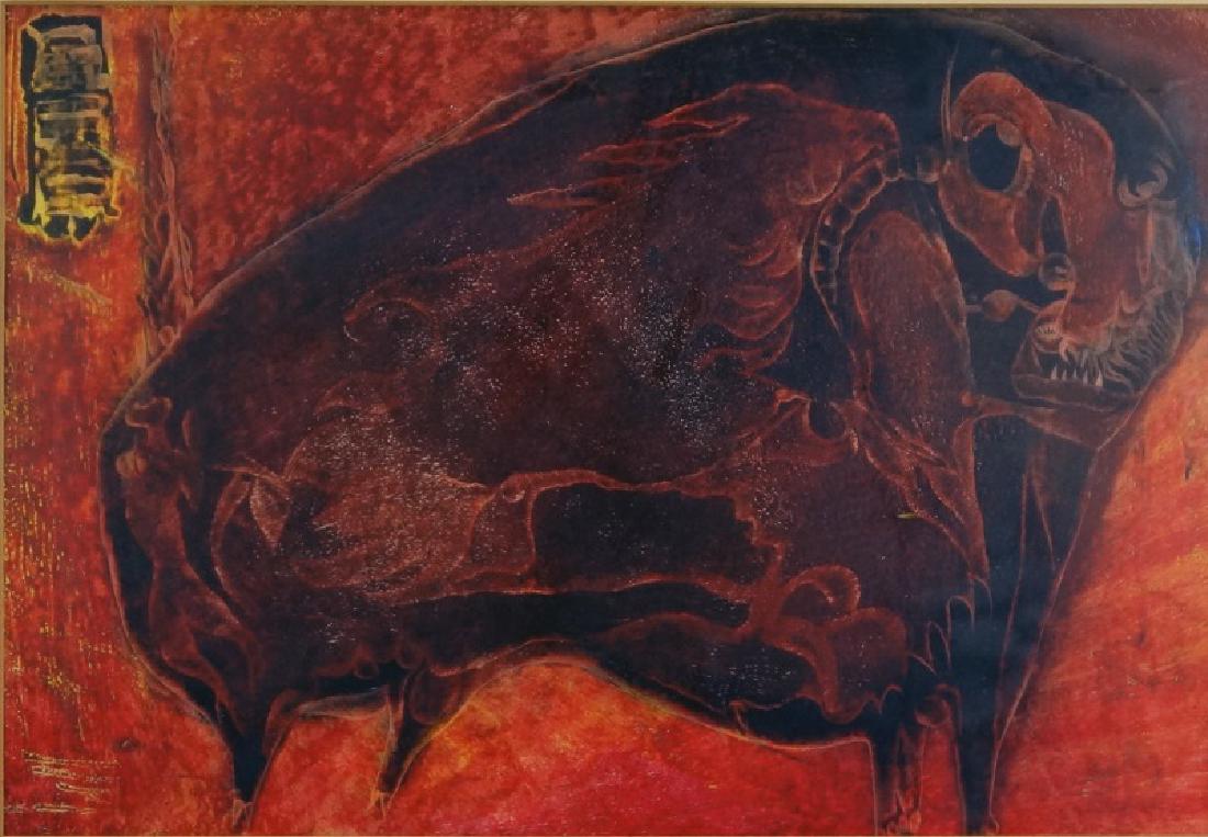 JOSE HORVAT "BULL" MIXED MEDIA ON PAPER: JOSE HORVAT "BULL" MIXED MEDIA ON PAPER. FROM THE ESTATE OF BART TRUXILLO. Height: 19 & 13 in. by Width: 25 1/2 & 19 in.