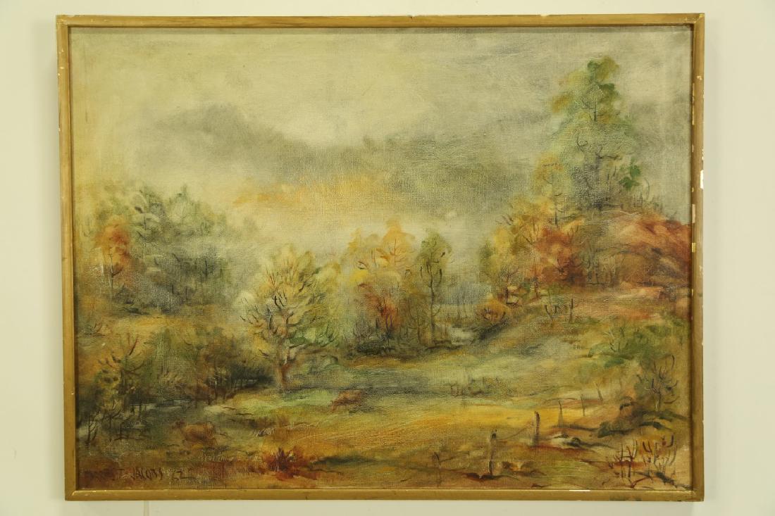 FORREST JACOBS LANDSCAPE PAINTING, 1962: FORREST JACOBS LANDSCAPE PAINTING, 1962. Height: 25 in. by Width: 33 in.