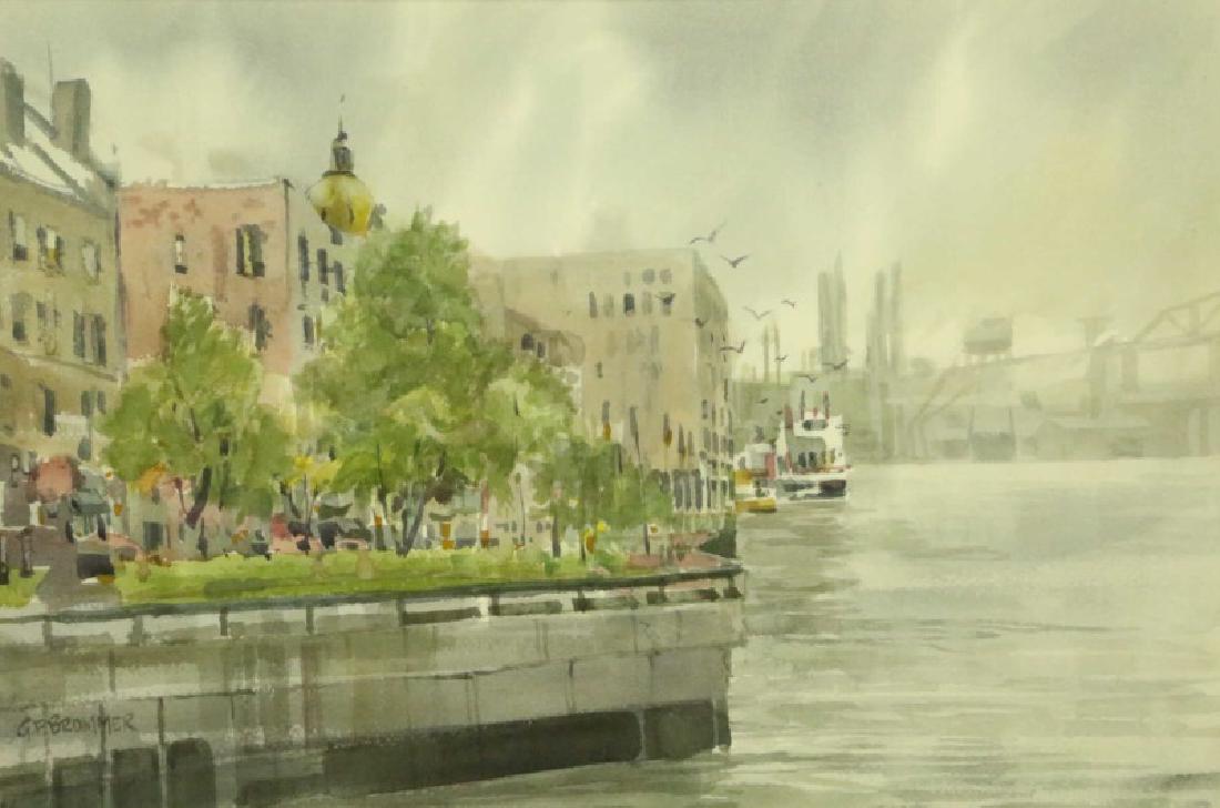 GERALD BROMMER CITYSCAPE WATERCOLOR PAINTING: GERALD BROMMER (AMERICAN, 1927-) CITYSCAPE WATERCOLOR PAINTING. Height: 20 & 14 1/2 in. by Width: 27 1/2 & 21 in.