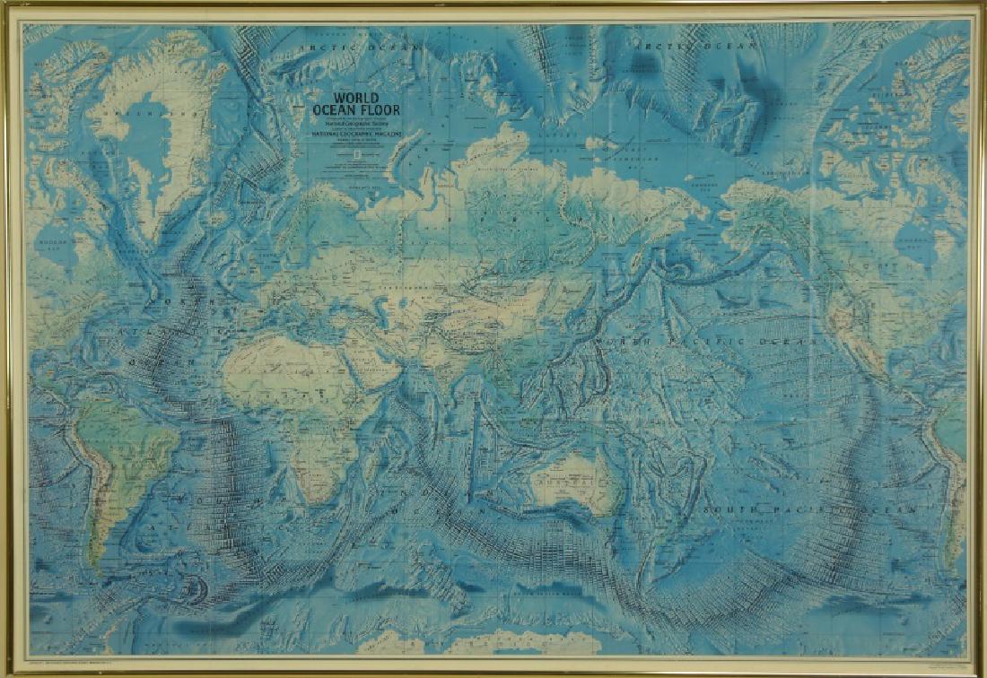 LOT OF FOUR NATIONAL GEOGRAPHIC MAPS: LOT OF FOUR NATIONAL GEOGRAPHIC MAPS OF THE WORLD OCEAN FLOOR, EUROPE, THE UNITED STATES & THE WORLD. Height: 29 1/2 in. by Width: 42 1/2 in