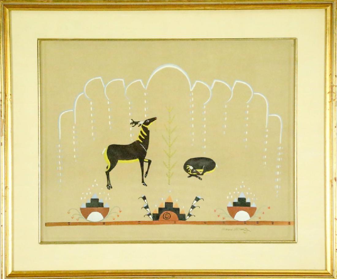 TWO RICHARD MARTINEZ NATIVE AMERICAN OFFSET LITHO: RICHARD MARTINEZ (1904-1987) "NATIVE AMERICAN" OFFSET LITHOGRAPH & RICHARD MARTINEZ "GALLOPING DEER" SIGNED NATIVE AMERICAN OFFSET LITHOGRAPH. Height: 21 & 15 in. by Width: 25 & 19 in.