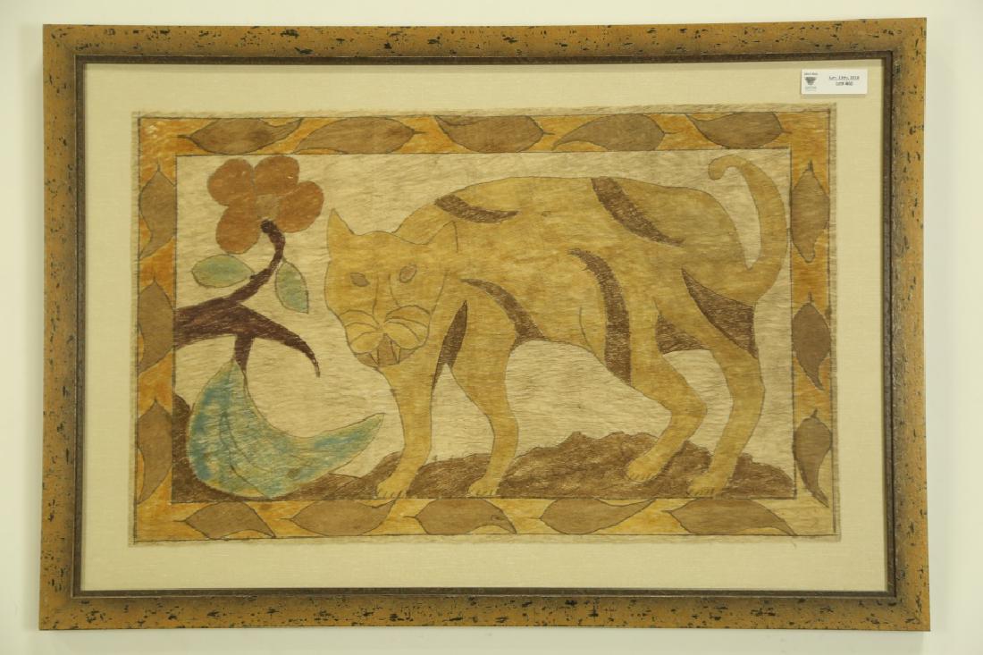 CAT DRAWING ON PAPYRUS: CAT DRAWING ON PAPYRUS. Height: 25 in. by Width: 36 in.