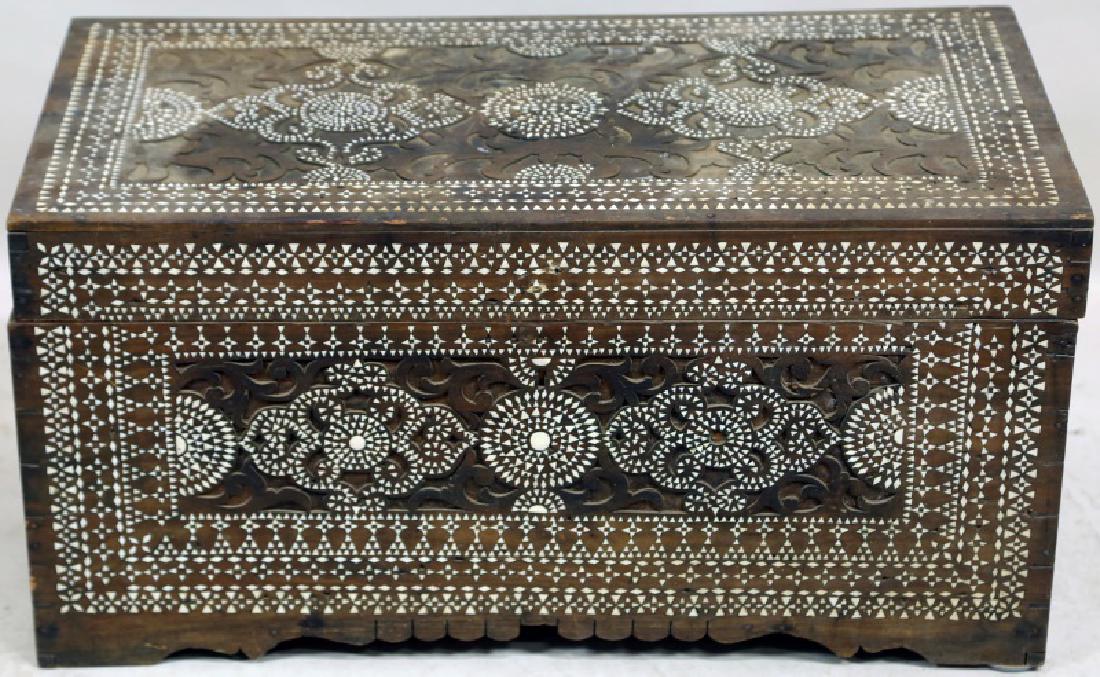 ANTIQUE MOTHER-OF-PEARL INLAID SYRIAN CHEST: ANTIQUE CARVED & MOTHER-OF-PEARL INLAID SYRIAN CHEST. Height: 17 in. by Width: 33 in. by Depth: 16 in.