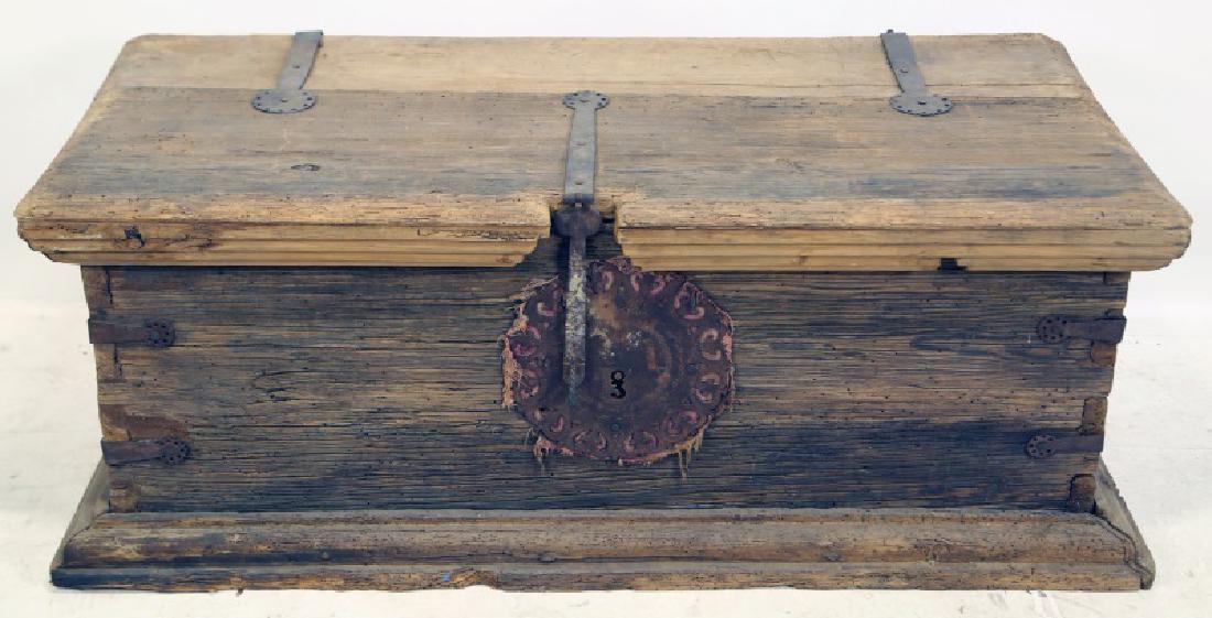 CIRCA 1700"s SPANISH PINE TRUNK WITH IRON STRAPS (1 of 2)