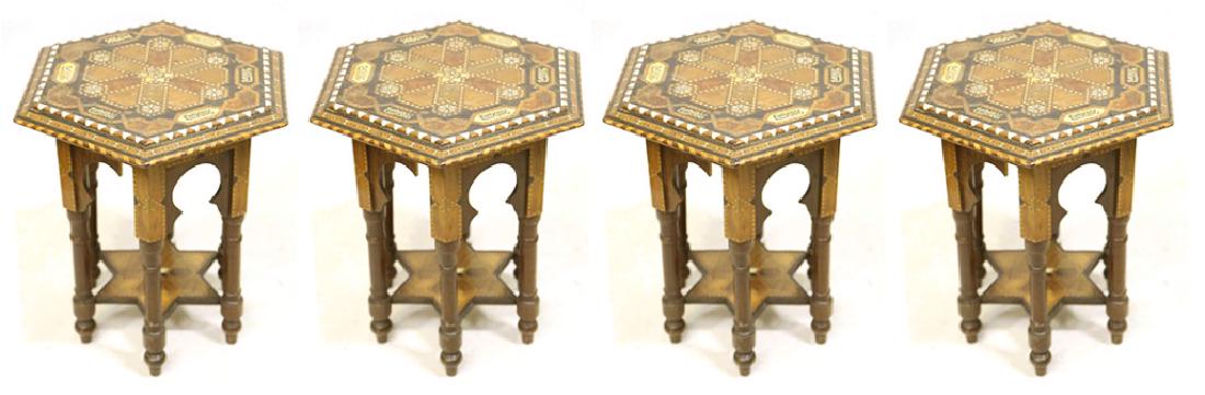 SET OF FOUR VINTAGE BONE INLAID DAMASCUS TABLES: SET OF FOUR VINTAGE BONE INLAID DAMASCUS TABLES. Height: 19 1/2 in. by Width: 16 in. by Depth: 16 in.