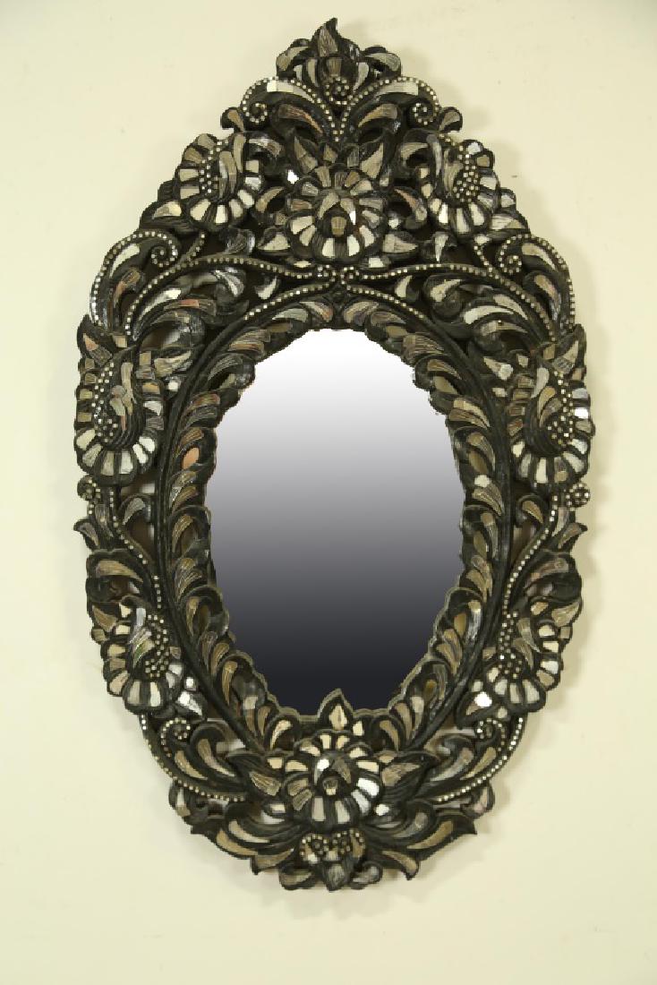 INDONESIAN CARVED & MIRRORED TILE MIRROR: INDONESIAN CARVED & MIRRORED TILE MIRROR Height: 33 in. by Width: 20 in.
