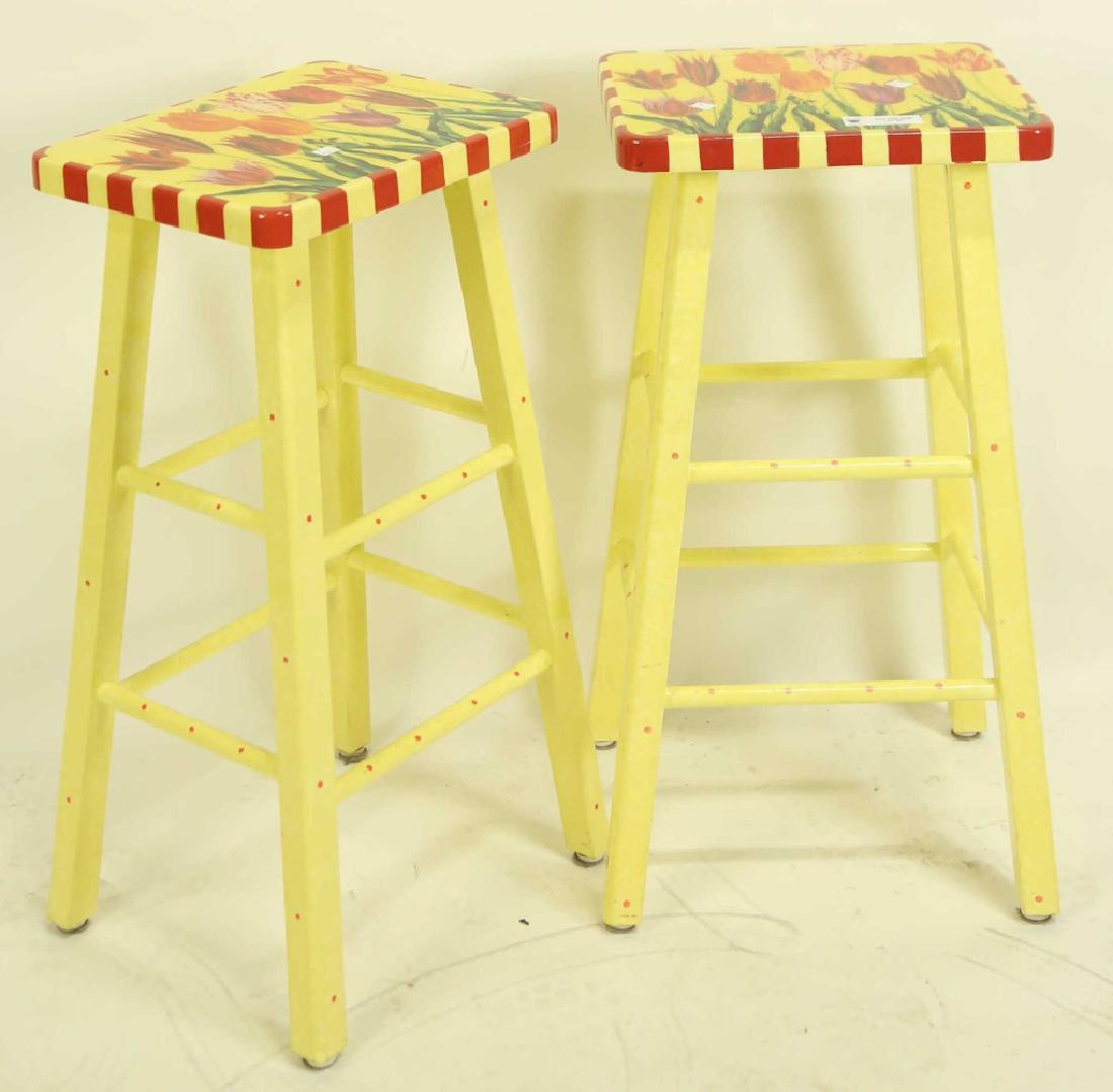 ANNIE MODICA HAND PAINTED PAIR OF BAR STOOLS: ANNIE MODICA HAND PAINTED PAIR OF BAR STOOLS. Height: 30 in. by Width: 15 in. by Depth: 12 in.