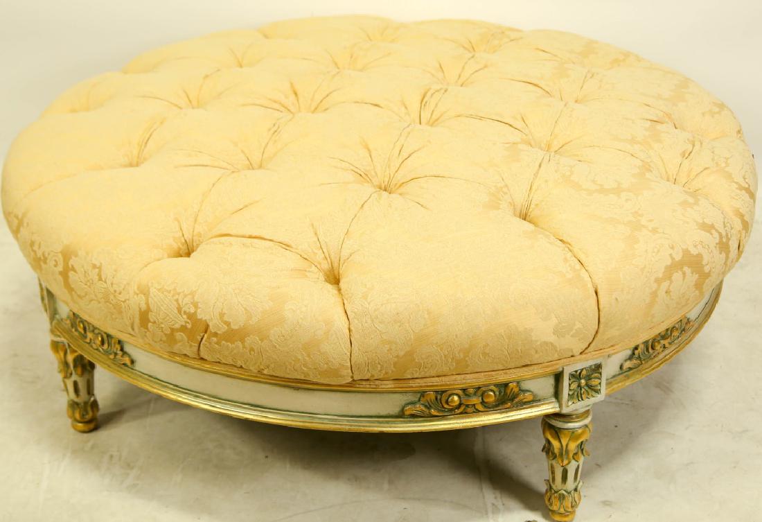 VINTAGE BUTTON TUFTED YELLOW SILK COVERED OTTOMAN (1 of 2)