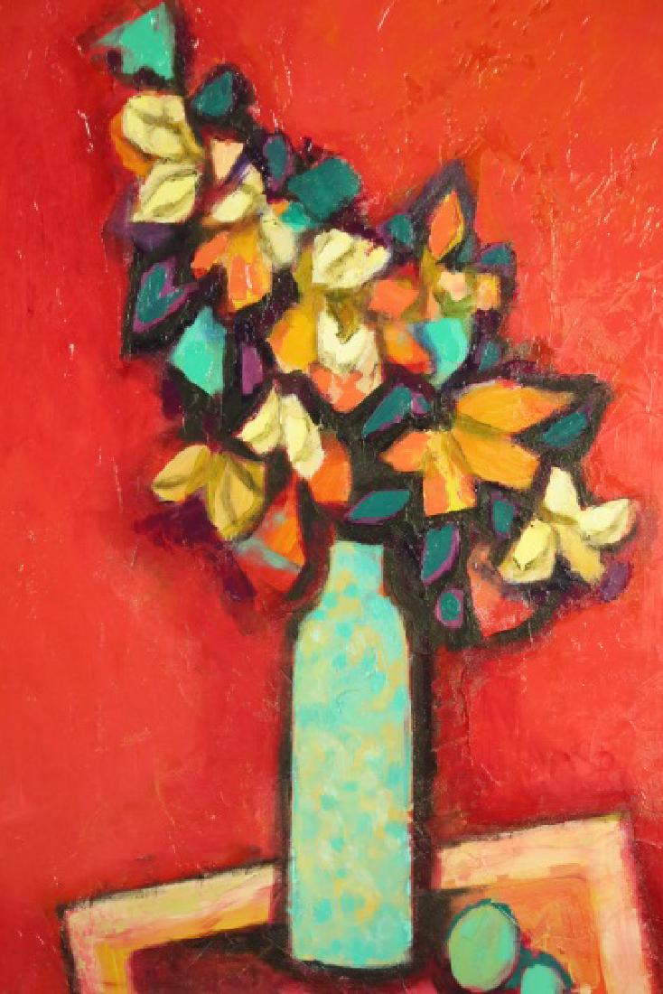 DAVID ADICKES "BOUQUET IN RED ROOM" ORIGINAL ACRY.: DAVID ADICKES "BOUQUET IN RED ROOM" ORIGINAL ACRYLIC ON PANEL. Height: 29 & 23 in. by Width: 22 & 17 in.