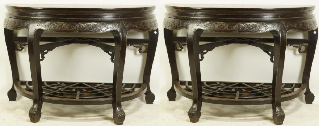 PAIR OF ANTQIUE DEMILUNE CONSOLE TABLES: PAIR OF ANTIQUE DEMILUNE CONSOLE TABLES. CAN BE USED SEPERATELY OR HOOKED TOGETHER. Height: 33 in. by Width: 49 in. by Depth: 24 in.