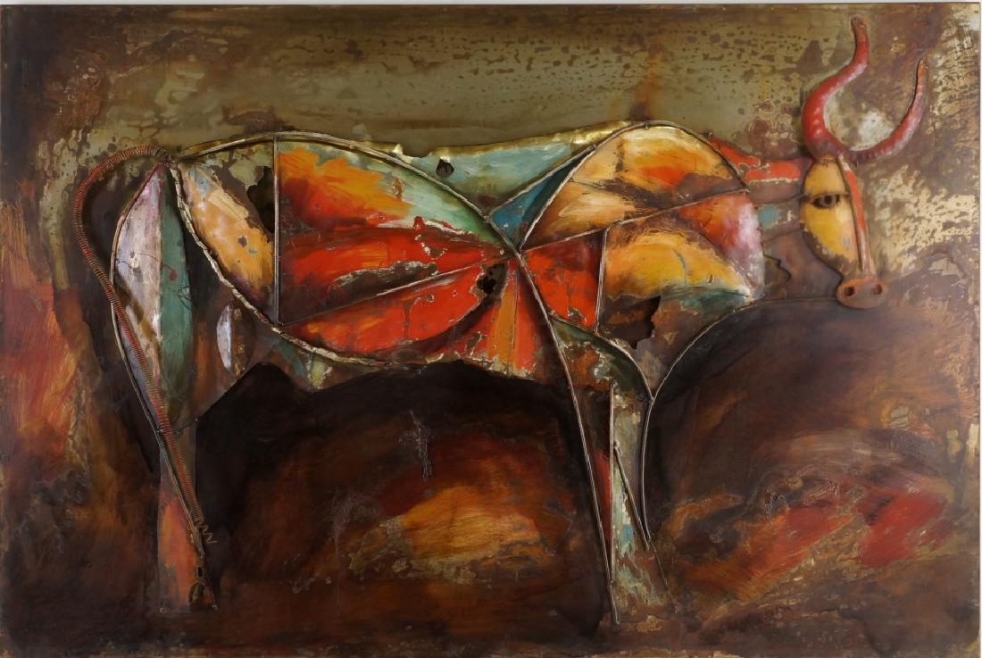 PRIMO "BULL" MIXED MEDIA IRON WALL SCULPTURE: PRIMO "BULL" MIXED MEDIA IRON WALL SCULPTURE. Height: 31 1/2 in. by Width: 47 1/2 in. by Depth: 1 IN.
