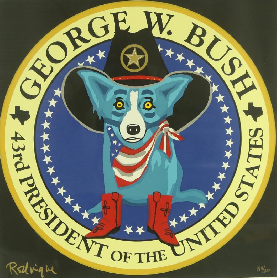 GEORGE RODRIGUE BUSH SEAL BLUE DOG SILKSCREEN: GEORGE RODRIGUE (AMERICAN, 1944-2013) GEORGE W. BUSH PRESIDENTIAL SEAL BLUE DOG SILKSCREEN, EDITION NUMBER 184/200. Height: 27 & 22 in. by Width: 27 1/2 & 22 in.