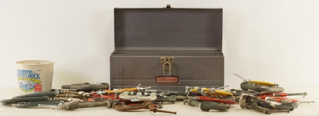 TOOL BOX LOT OF CLAMPS: TOOL BOX LOT OF CLAMPS. Height: 7 1/2 in. by Width: 17 in. by Depth: 8 in.