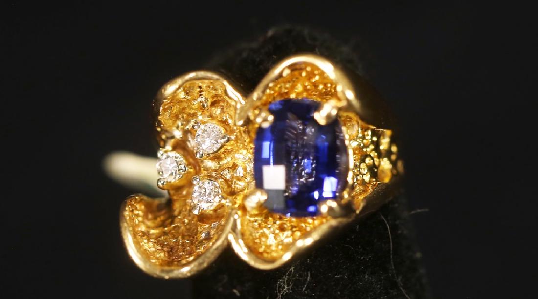 STAMPED "14KT" YELLOW GOLD SAPPHIRE & DIAMOND RING (1 of 2)