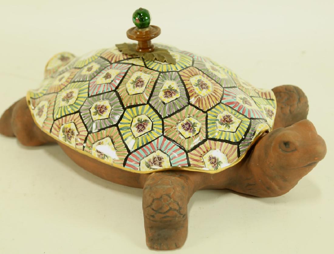 MACKENZIE CHILDS VICTORIA & RICHARD TORQUAY TUREEN: MACKENZIE CHILDS VICTORIA & RICHARD TORQUAY TURTLE SOUP TUREEN WITH LADLE. Height: 6 in. by Width: 15 in. by Depth: 12 in.