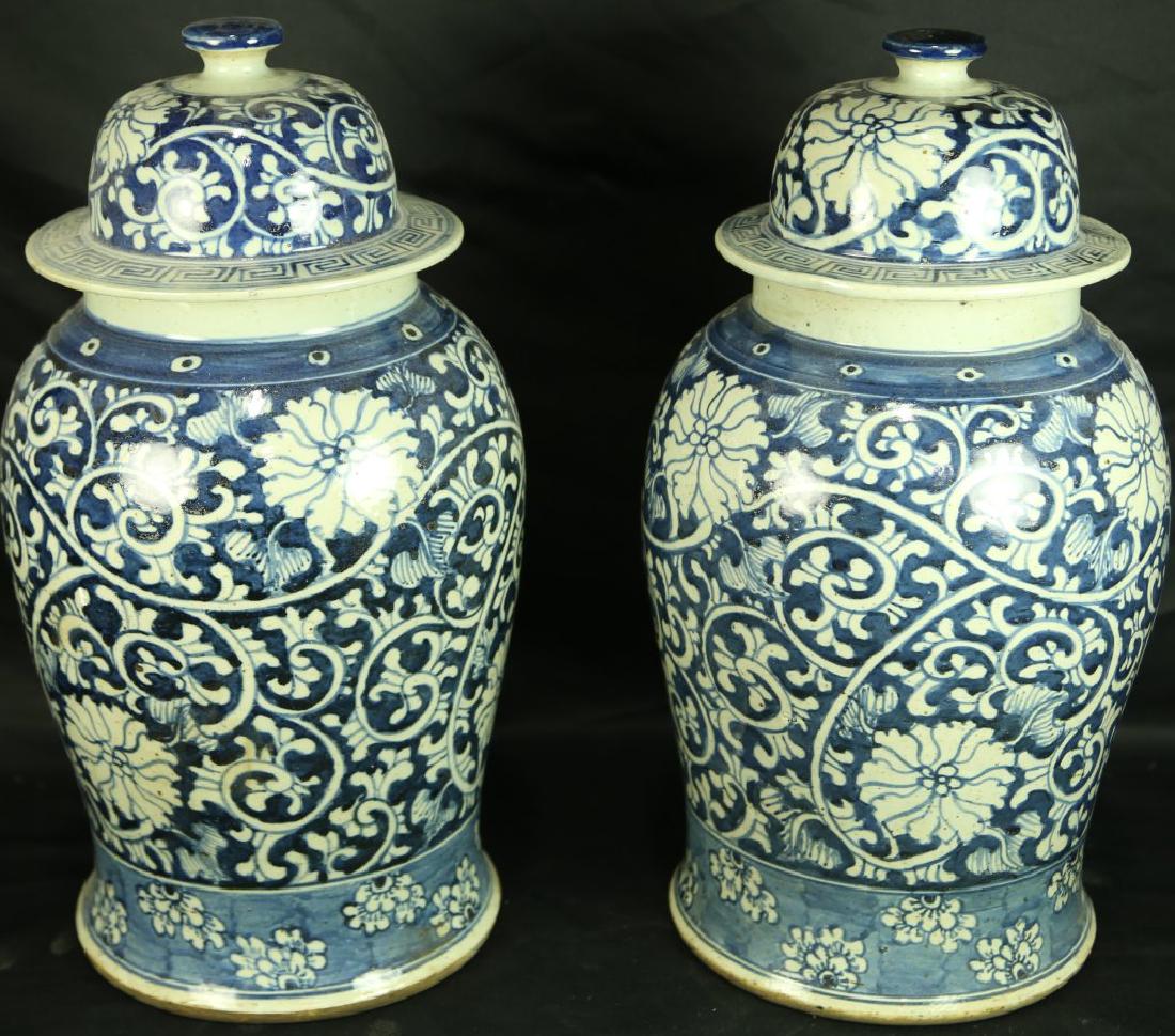 PAIR OF CHINESE BLUE & WHITE LIDDED TEMPLE JARS (1 of 4)