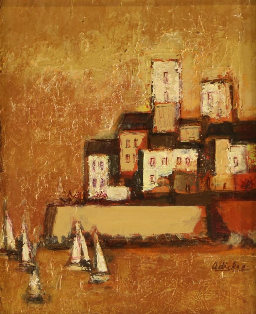 DAVID ADICKES "HARBOR SCENE" ACRYLIC ON PANEL: DAVID ADICKES "HARBOR SCENE" ACRYLIC ON PANEL. Height: 18 & 12 1/2 in. by Width: 16 & 10 in.