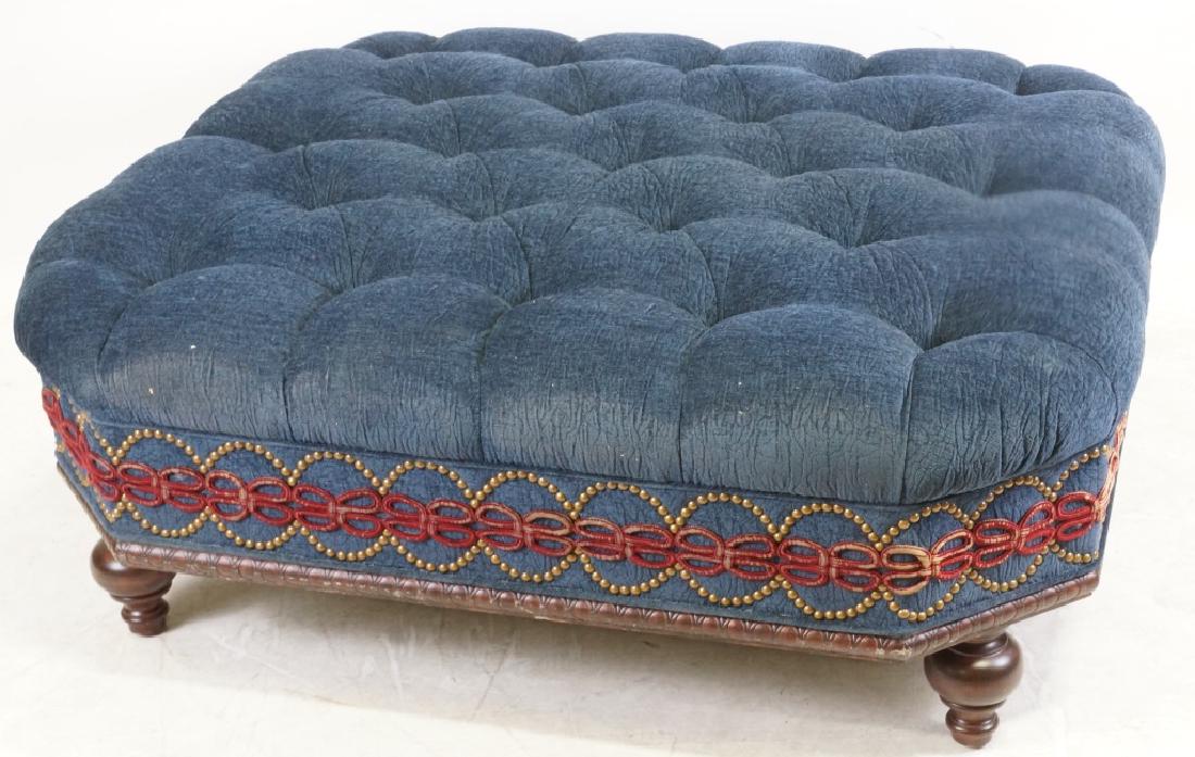 BLUE VELVET BUTTON TUFTED SQUARE OTTOMAN WITH NAILHEAD (1 of 2)