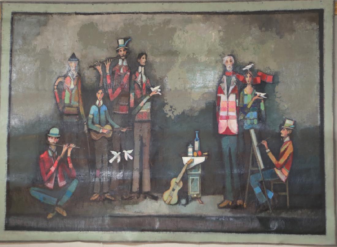 DAVID ADICKES "MUSICIANS" ORIGINAL OIL ON CANVAS: MONUMENTAL DAVID ADICKES "MUSICIANS" ORIGINAL OIL ON CANVAS PAINTING. Height: 68 in. by Width: 95 in.