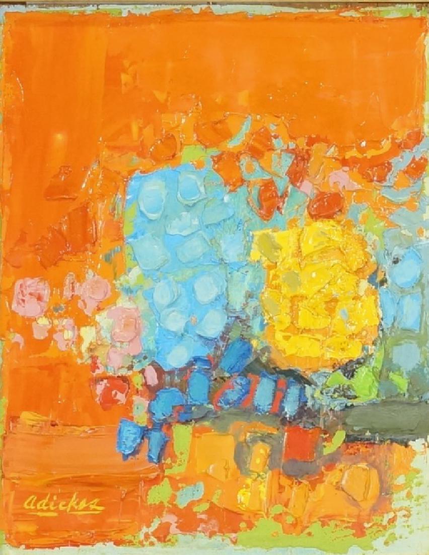 DAVID ADICKES "ABSTRACT" ACRYLIC ON ARTIST BOARD: DAVID ADICKES "ABSTRACT" ACRYLIC ON ARTIST BOARD. Height: 16 & 9 1/2 in. by Width: 18 & 7 1/2 in.