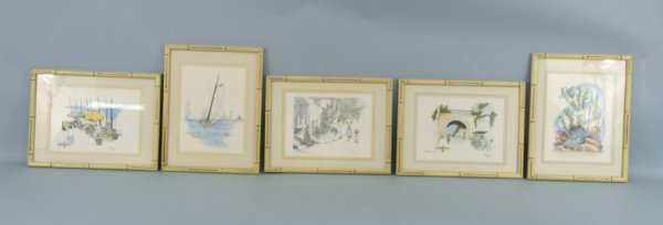 Set of 5 framed prints of sea scenes. Size: 13" x