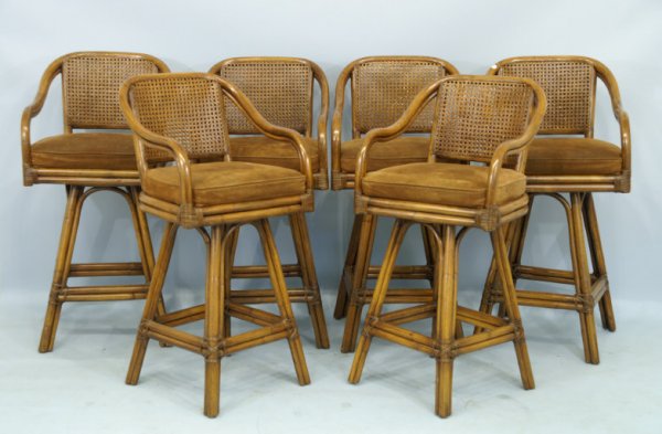 Set of six barstools with cane backs and brown s