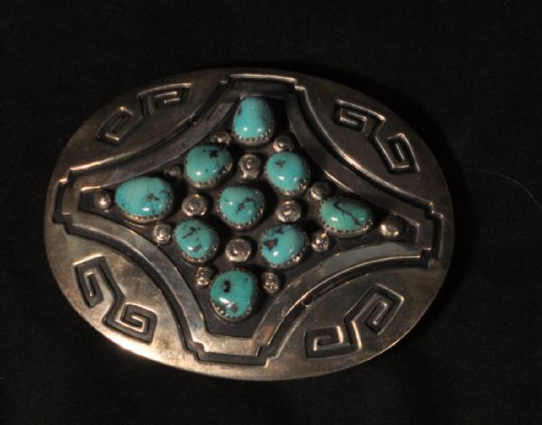 SILVER AND TURQUOISE BELT BUCKLE: SILVER AND TURQUOISE NATIVE AMERICAN BELT BUCKLE.