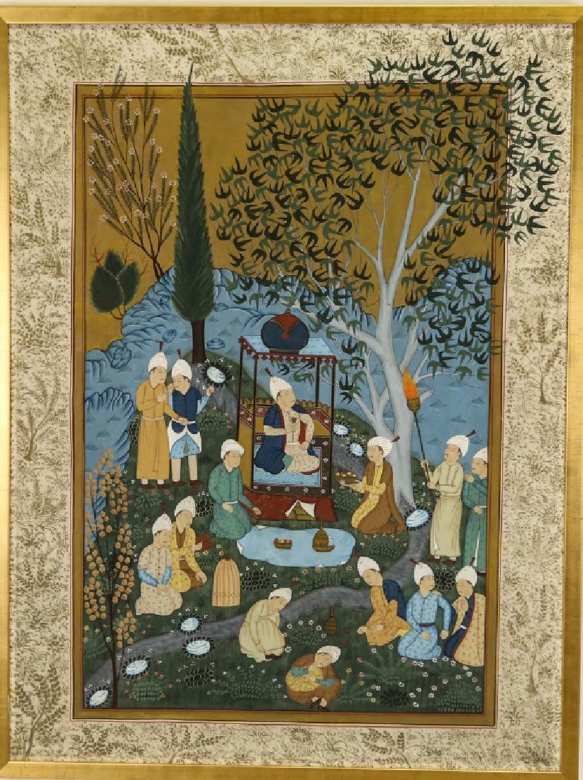 INDIAN MUGHAL PAINTING ON SILK: INDIAN MUGHAL PAINTING ON SILK N A BEAUTIFUL GILDED FRAME. Height: 43 1/2 in. by Width: 33 in. by Depth: 1 1/2 in.