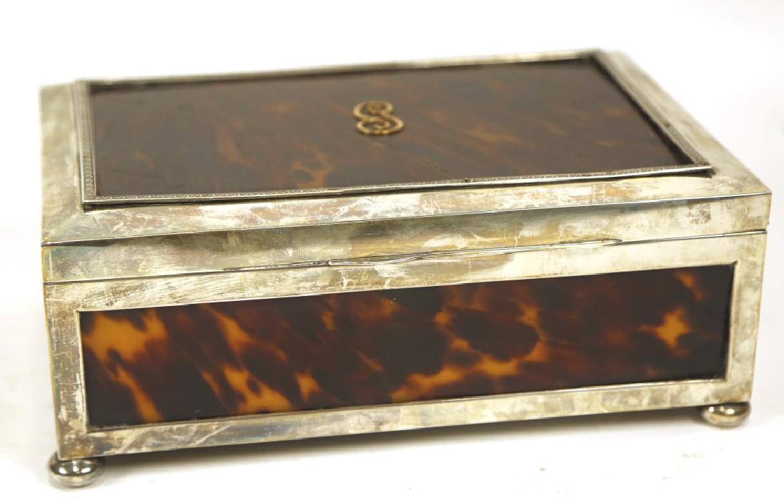 VINTAGE TORTOISE & STERLING SILVER CIGAR BOX: VINTAGE TORTOISE & STERLING SILVER CIGAR BOX. Height: 4 in. by Width: 9 in. by Depth: 6 in.