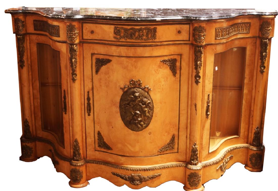 NEOCLASSICAL STYLE SATINWOOD INLAID BUFFET: NEOCLASSICAL STYLE SATINWOOD INLAID MARBLE TOP BUFFET WITH GILT BRONZE MOUNTS AND SIDE DISPLAY CABINETS. Height: 42 in. by Width: 69 in. by Depth: 20 in.