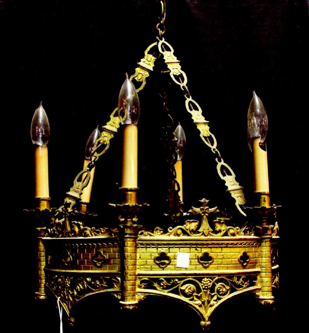 SIX-LIGHT NEO-GOTHIC GILT BRONZE CHANDELIER: SIX-LIGHT NEO-GOTHIC GILT BRONZE CHANDELIER. Height: 20 in. by Width: 17 in.