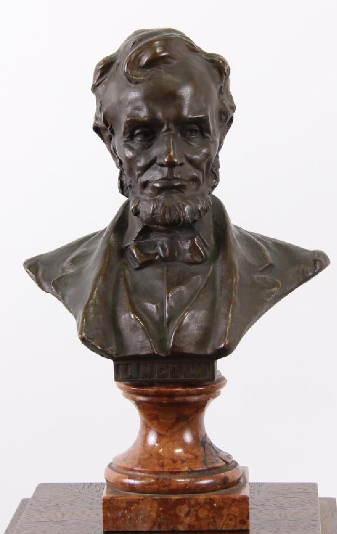 H. MILLER "ABE LINCOLN" BRONZE BUST: H. MILLER "ABE LINCOLN" BRONZE BUST ON MARBLE BASE. Height: 12 in. by Width: 8 in. by Depth: 5 in.