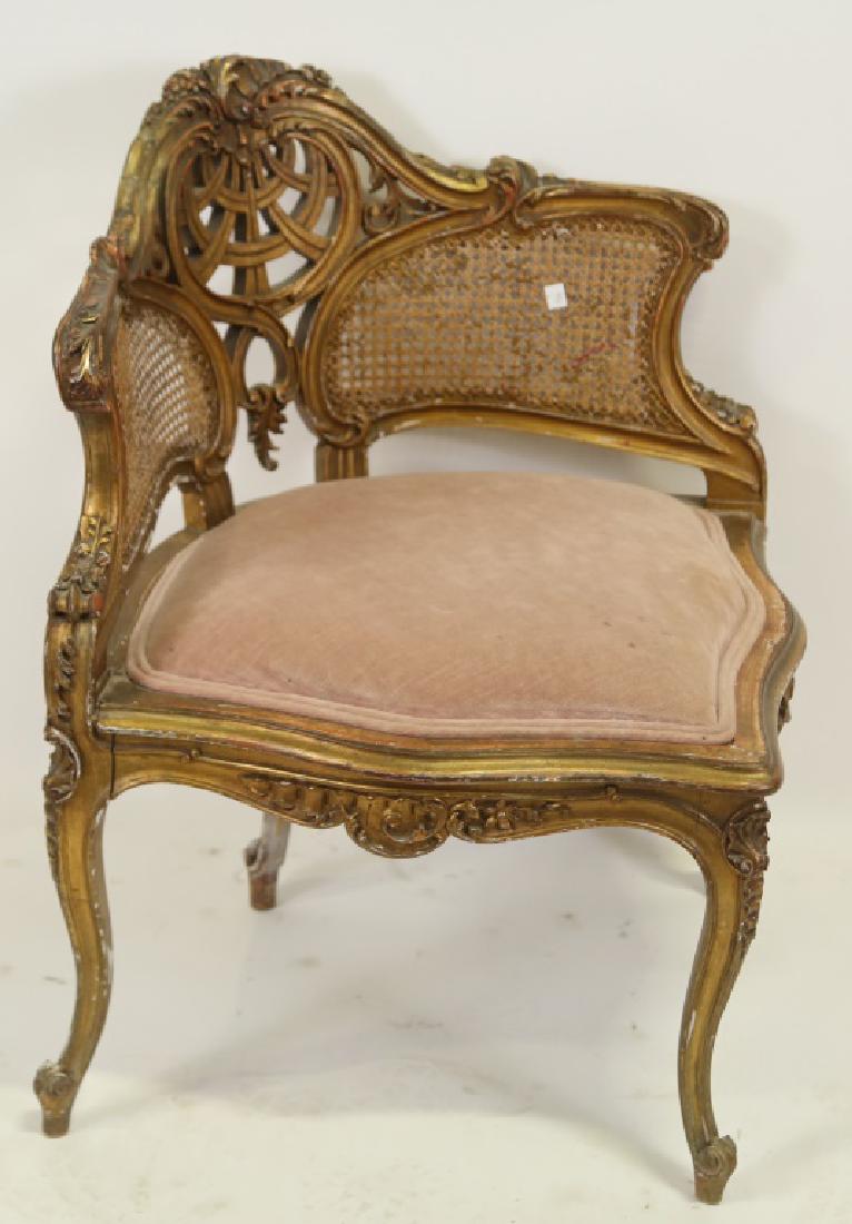 VICTORIAN CARVED & GILDED CORNER CHAIR: VICTORIAN CARVED & GILDED CORNER CHAIR. Height: 30 in. by Width: 29 in. by Depth: 25 in.