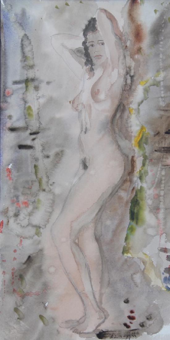 JOHN HANSEGGER FEMALE NUDE WATERCOLOR: JOHN HANSEGGER FEMALE NUDE WATERCOLOR. John Hansegger (1908-1989) Hansegger paints many landscapes with soft, blurry brush work. He loved to walk the grounds of Frederick Church's castle "Olana," home