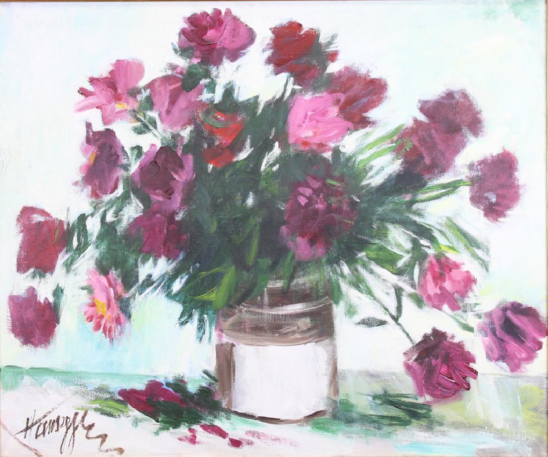 JOHN HANSEGGER FLORAL PAINTING: JOHN HANSEGGER FLORAL PAINTING. John Hansegger (1908-1989)Impressionistic magenta peonies in a white/brown crock vase. Flowers picked from John Keeler's backyard in Hudson, NY. John was a famous art c