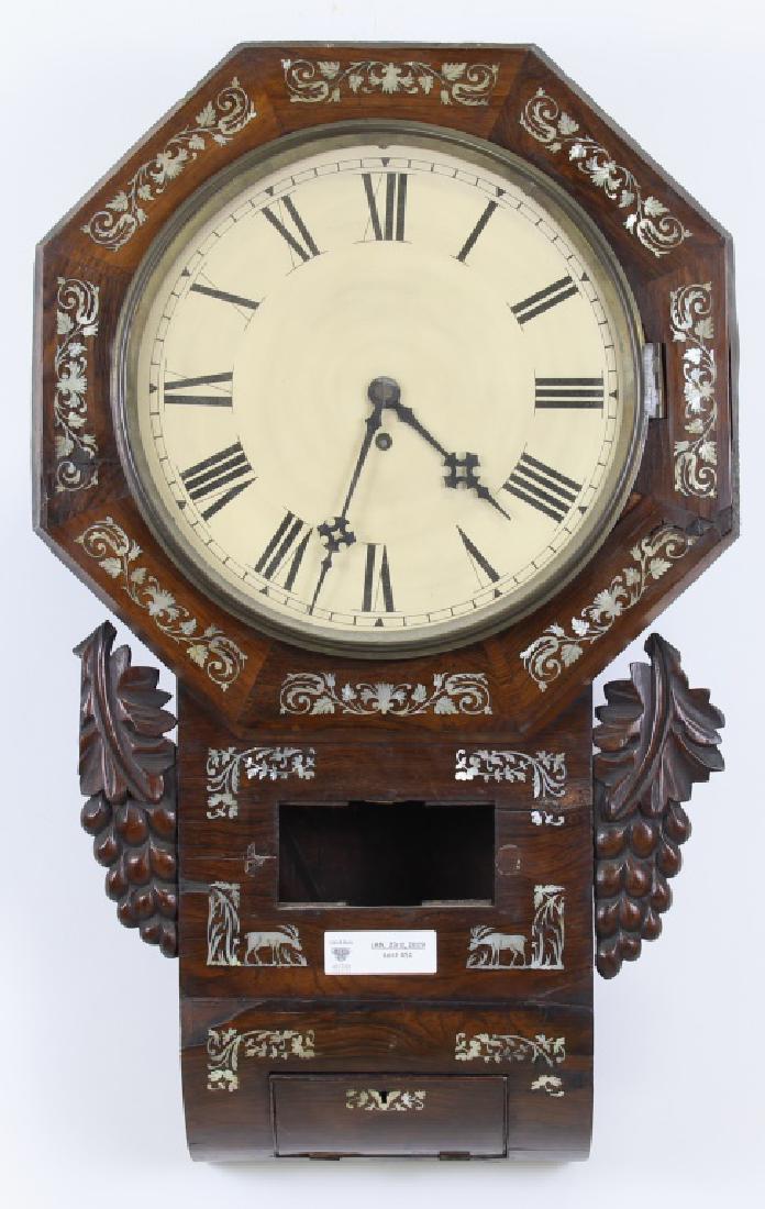 19th CENTURY WALL CLOCK WITH MOTHER OF PEARL INLAY: 19th CENTURY WALL CLOCK WITH MOTHER OF PEARL INLAY. Height: 28 in. by Width: 17 in. by Depth: 6 in.
