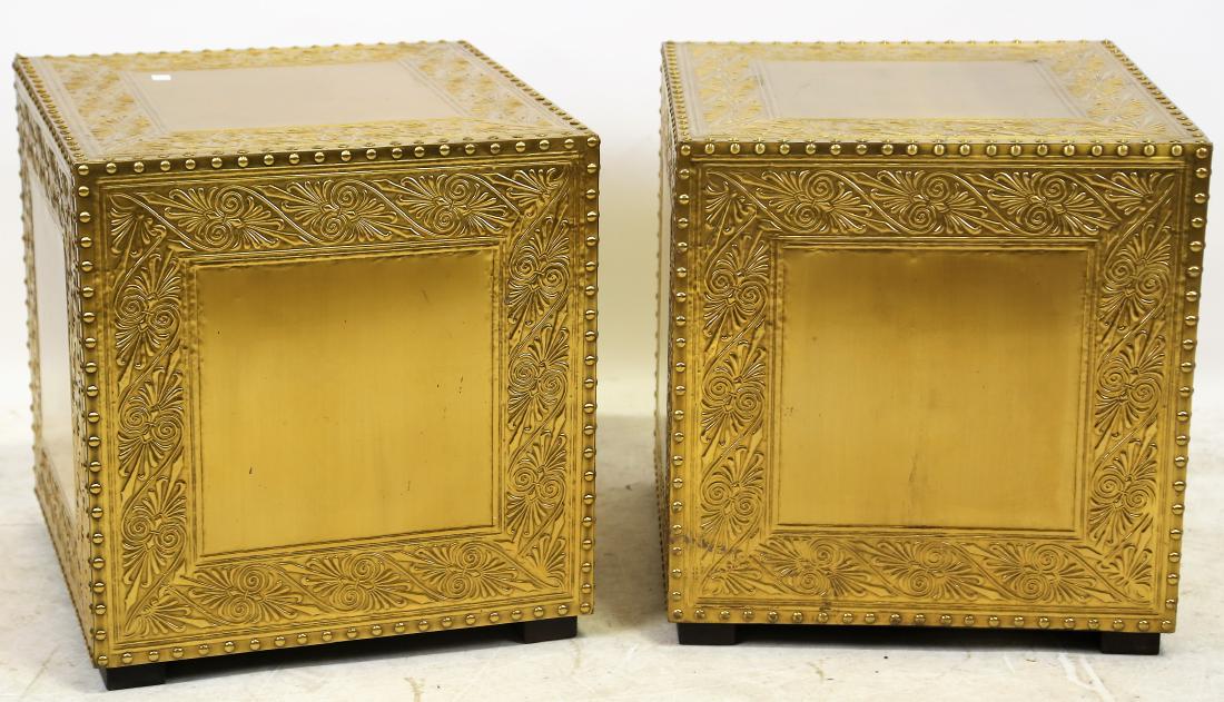 PAIR OF TOOLED BRASS CUBE END TABLES: PAIR OF TOOLED BRASS CUBE END TABLES. Height: 17 in. by Width: 25 in. by Depth: 25