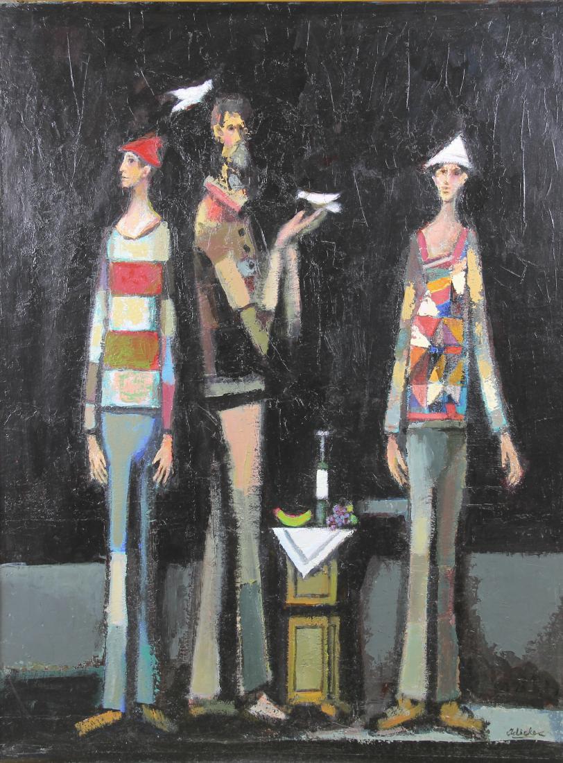 DAVID ADICKES "THREE MEN" OIL ON PANEL: DAVID ADICKES "THREE MEN" OIL ON PANEL. Height: 47 & 40 1/2 in. by Width: 37 1/2 & 30 1/2 in.