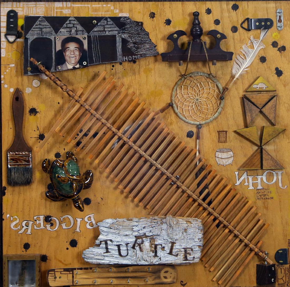 MICHAEL KAHIL "JOHN BIGGERS TURTLE" MIXED MEDIA: MICHAEL KAHIL "JOHN BIGGERS TURTLE" MIXED MEDIA PAINTING. Height: 30 1/2 in. by Width: 30 1/2 in. by Depth: 3 in.
