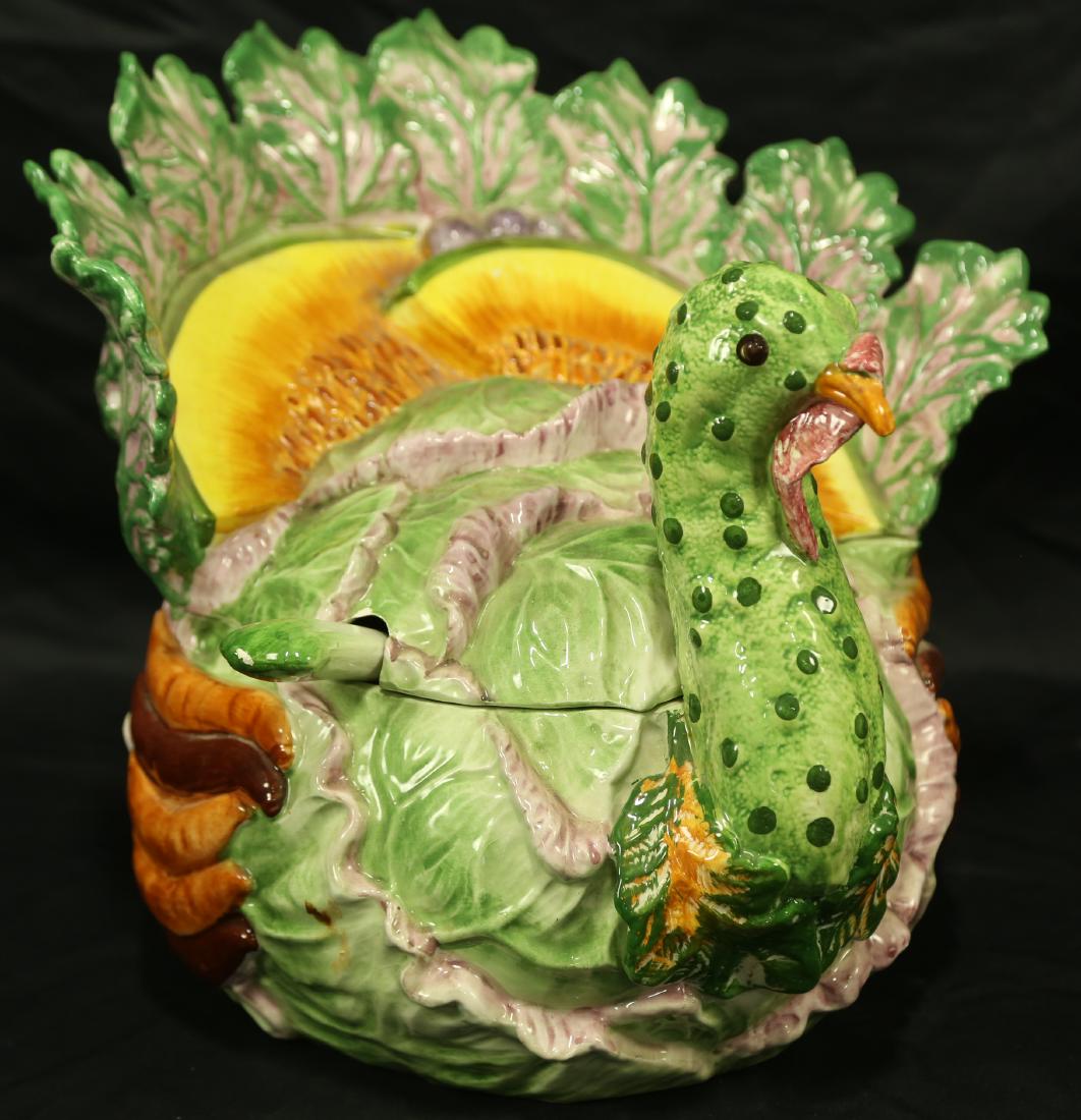 ITALIAN MAJOLICA TURKEY SOUP TUREEN: ITALIAN MAJOLICA TURKEY SOUP TUREEN. Height: 12 in. by Width: 15 in. by Depth: 14 in.
