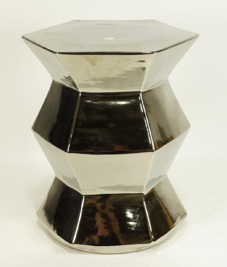 SILVER FINISH PORCELAIN STOOL: SILVER FINISH PORCELAIN STOOL. Height: 16 in. by Width: 12 in. by Depth: 12 in.