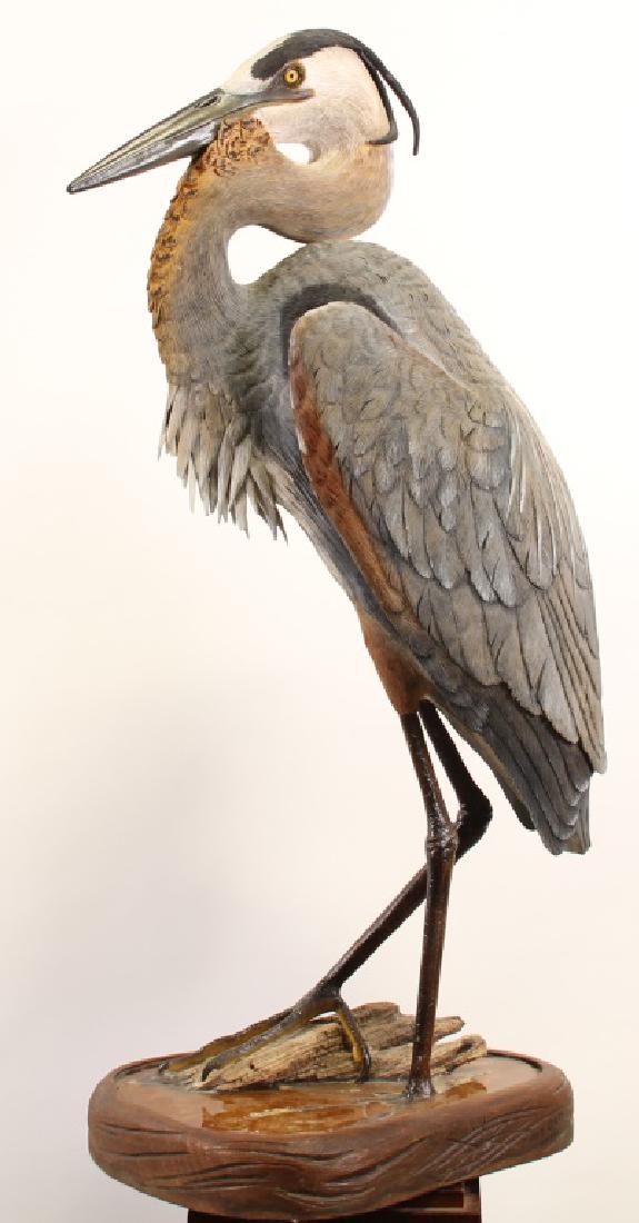 CARVED WOOD & POLYCHROME GREAT BLUE HERON SCULPTURE