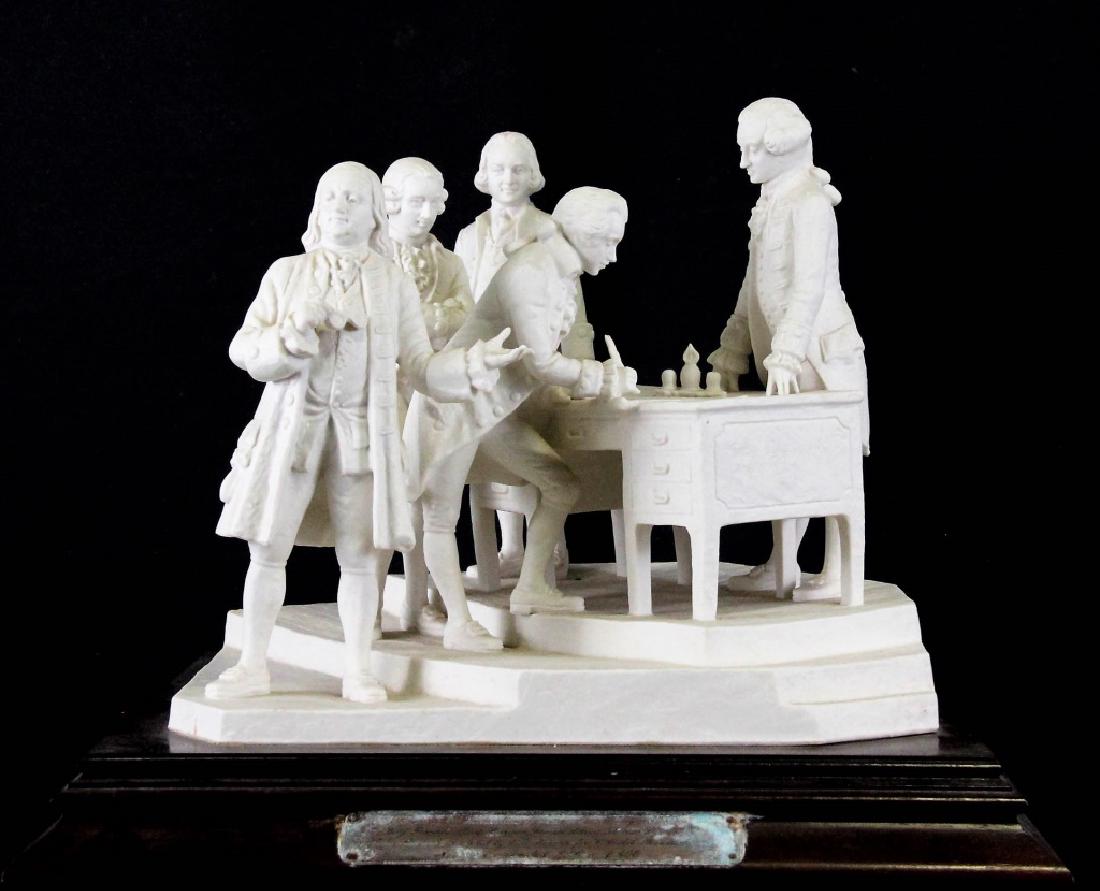 GERHARD BOCHMANN "SIGNING THE DECELARTION": GERHARD BOCHMANN "SIGNING THE DECLARATION OF INDEPENDENCE". BISQUE PORCELAIN, EDITION NUMBER 389/400, GOEBEL FOUNDRY. Height: 12 in. by Width: 15 1/2 in. by Depth: 15 1/2 in.